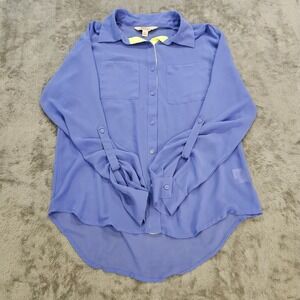 Decree Womens Blue Sheer Chiffon Button Down Blouse Neon Trim Size S